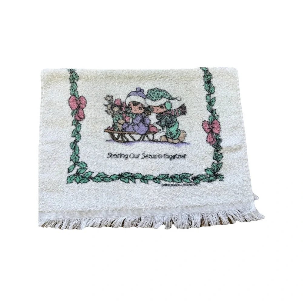 Vintage Precious Moments Fringed Christmas Hand Towel Cottage Y2K